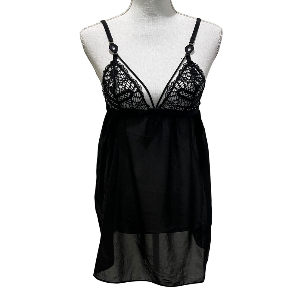 Etam Babydoll Chemise Top Sz M Black Y2K Lace Sheer Strappy Coquette Festival